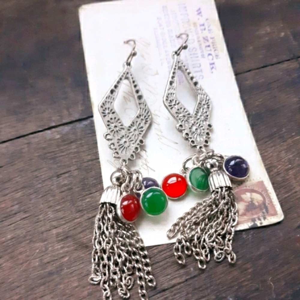 NWT Bohemian Gemstone & Chain Tassel Earrings - Picture 3 of 3